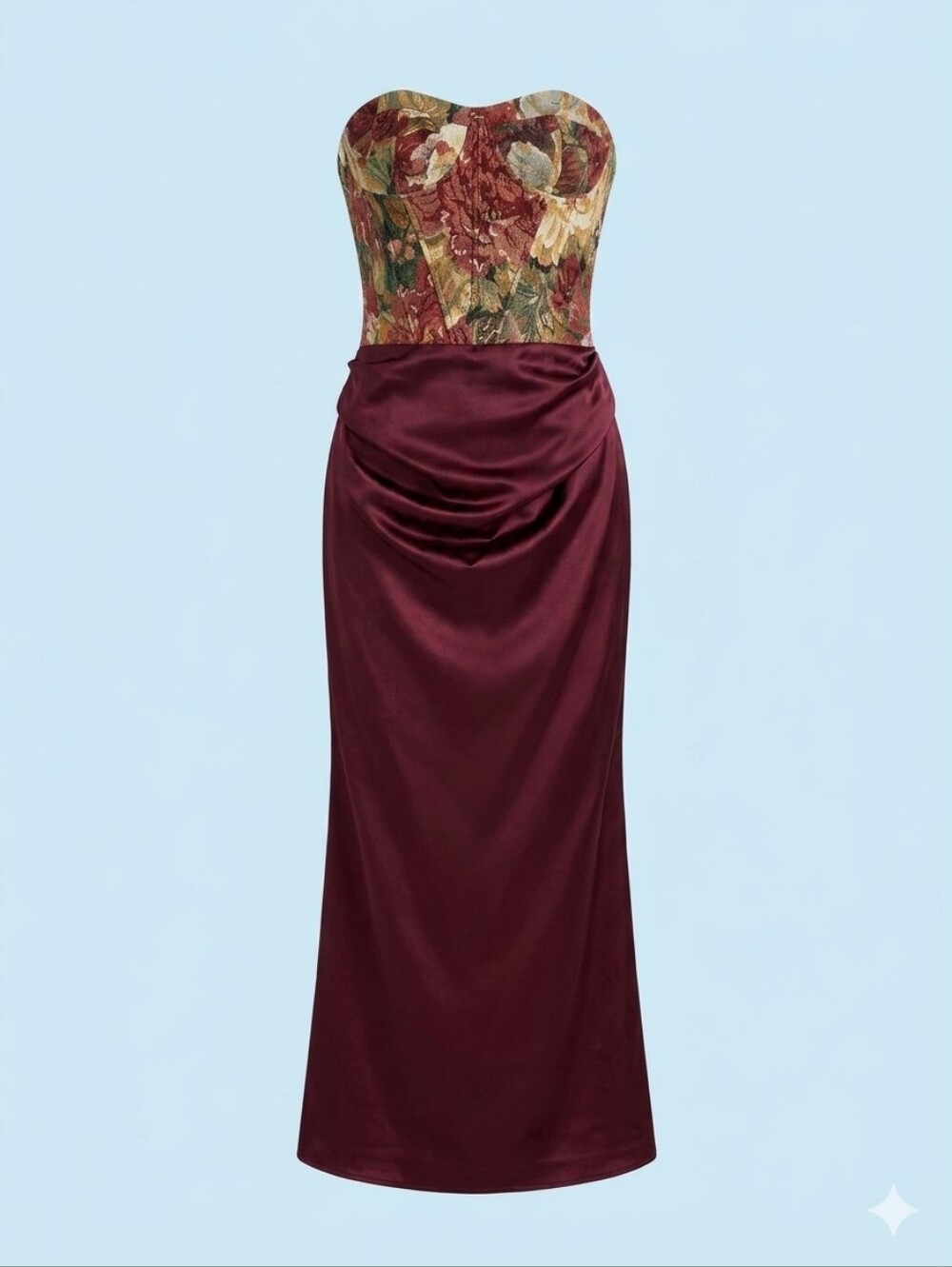 Commense NWT Tapestry Corset Ruched Maxi Dress Burgundy Floral Strapless